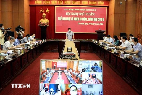Ban chỉ đạo phòng, chống dịch COVID-19 tỉnh Thái Bình tổ chức họp trực tuyến với 290 điểm cầu. (Ảnh: Thế Duyệt/TTXVN)
