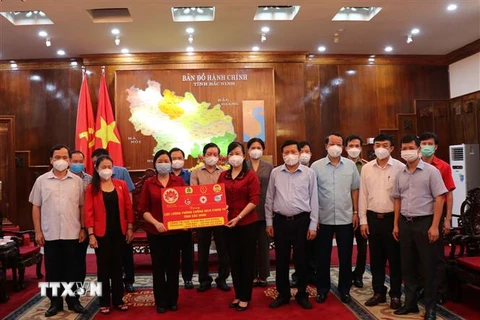 Trưởng Ban Dân vận Trung ương Bùi Thị Minh Hoài trao quà cho tinh Bắc Ninh phòng, chống dịch bệnh. (Ảnh: Thái Hùng/TTXVN)