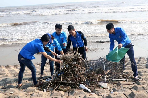 Lực lượng đoàn viên, thanh niên làm vệ sinh bãi biển Lộc Hà, Hà Tĩnh. (Ảnh: Công Tường/TTXVN)