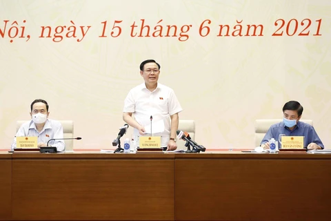 Chủ tịch Quốc hội Vương Đình Huệ phát biểu chỉ đạo và chúc mừng 96 năm Ngày báo chí Cách mạng Việt Nam. (Ảnh: Doãn Tấn/TTXVN)