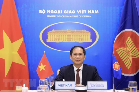 Bộ trưởng Ngoại giao Bùi Thanh Sơn dự và phát biểu tại hội nghị trực tuyến đặc biệt Bộ trưởng Ngoại giao ASEAN-Hoa Kỳ. (Ảnh: Lâm Khánh/TTXVN)