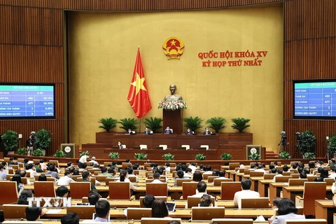 95,59% tổng số đại biểu Quốc hội biểu quyết thông qua việc điều chỉnh chương trình kỳ họp thứ nhất Quốc hội khoá XV. (Ảnh: Dương Giang/TTXVN)