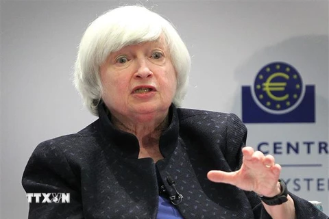 Bà Janet Yellen, khi đang giữ chức Chủ tịch Fed, phát biểu tại một hội nghị ở Frankfurt, Đức ngày 14/11/2017. (Ảnh: AFP/TTXVN)