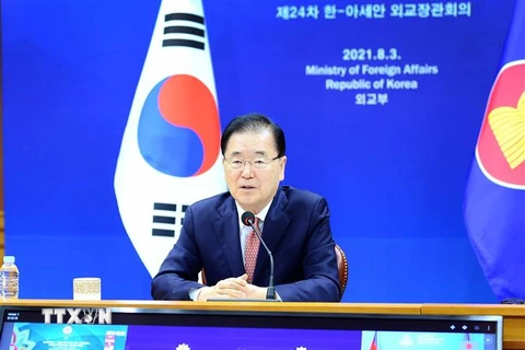 Ngoại trưởng Hàn Quốc Chung Eui-yong phát biểu tại Hội nghị Ngoại trưởng ASEAN-Hàn Quốc diễn ra theo hình thức trực tuyến ngày 3/8/2021. (Ảnh: YONHAP)
