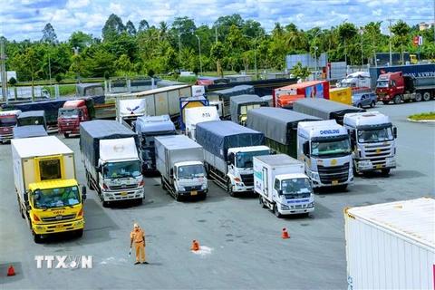 Xe tải, xe container xếp hàng chờ kiểm tra giấy tờ để vào thành phố Cần Thơ giao nhận hàng ngày 27/8. (Ảnh: Thanh Liêm/TTXVN)