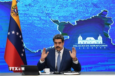 Tổng thống Venezuela Nicolas Maduro tại cuộc họp báo ở Caracas, ngày 15/8/2021. (Ảnh: AFP/TTXVN)