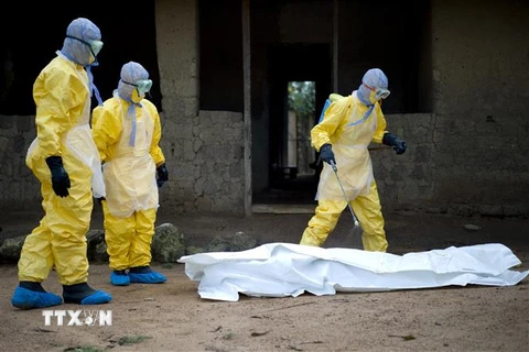 Nhân viên Chữ thập Đỏ Guinea chuyển thi thể bệnh nhân tử vong do virus Ebola tại bệnh viện ở Conakry, ngày 19/11/2014. (Ảnh: AFP/TTXVN)