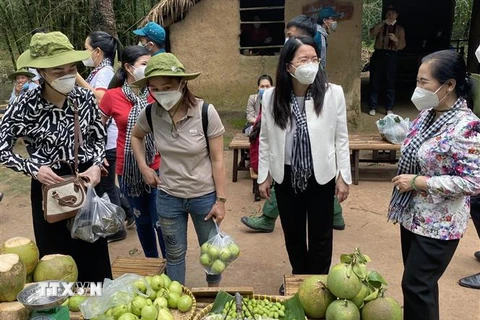 Thành viên tham gia tour về nguồn tham quan vườn trái cây tại Khu du lịch sinh thái Tam Tân, huyện Củ Chi, Thành phố Hồ Chí Minh. (Ảnh: TTXVN phát)