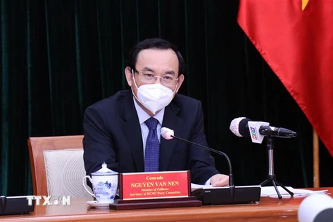 Ông Nguyễn Văn Nên, Ủy viên Bộ Chính trị, Bí thư Thành ủy Thành phố Hồ Chí Minh phát biểu tại buổi làm việc. (Ảnh: Xuân Khu/TTXVN)