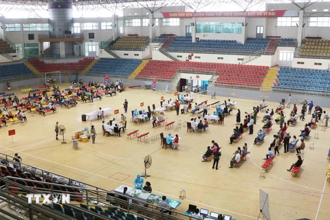 Toàn cảnh tiêm vaccine phòng COVID-19 cho người dân thành phố Việt Trì tại điểm tiêm Nhà thi đấu Thể dục thể thao tỉnh. (Ảnh: Trung Kiên/TTXVN)