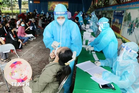 Nhân viên y tế lấy mẫu xét nghiệm sang lọc cho người dân phường Gia Cẩm, thành phố Việt Trì. (Ảnh: Trung Kiên/TTXVN)