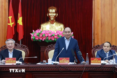 Chủ tịch nước Nguyễn Xuân Phúc phát biểu tại buổi làm việc với Ban Thường vụ Tỉnh ủy Lạng Sơn. (Ảnh: Thống Nhất/TTXVN)