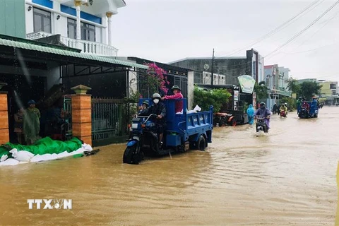 Lực lượng chức năng huyện Tuy Phước vận chuyển cát giúp người dân đắp bờ nước lũ tràn vào nhà. (Ảnh: TTXVN phát)