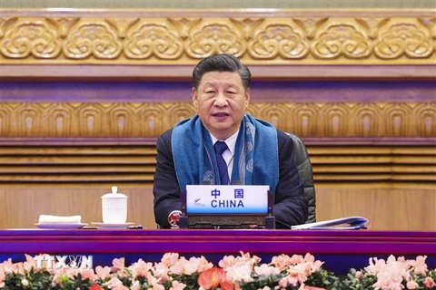 Chủ tịch Trung Quốc Tập Cận Bình tham dự một hội nghị trực tuyến, tại Bắc Kinh, ngày 12/11/2021. (Ảnh minh họa: THX/TTXVN)