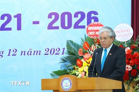 Chủ tịch Hội Hữu nghị Việt-Mỹ khóa IV, nhiệm kỳ 2021-2026 Phạm Quang Vinh phát biểu nhận nhiệm vụ. (Ảnh: Văn Điệp/TTXVN)