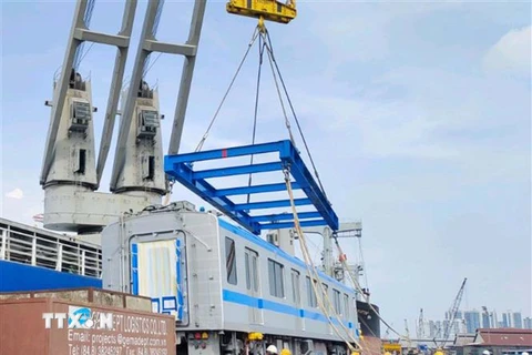 Công tác cẩu toa xe từ tàu xuống xe chuyên dụng để vận chuyển về depot Long Bình trong đợt vận chuyển đoàn tàu vào tháng 7. (Ảnh: TTXVN phát)