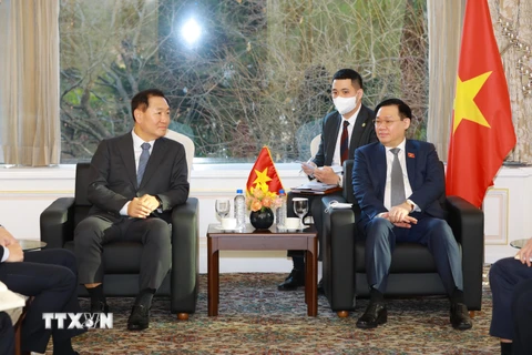 Chủ tịch Quốc hội Vương Đình Huệ tiếp ông Jung In Sub, Tổng Giám đốc Tập đoàn Hanwha Energy. (Ảnh: Doãn Tấn/TTXVN)