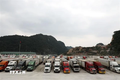 Xe chờ thông quan hàng hóa tại bãi xe cửa khẩu Tân Thanh (ảnh tư liệu). (Ảnh: Phạm Hậu/TTXVN)