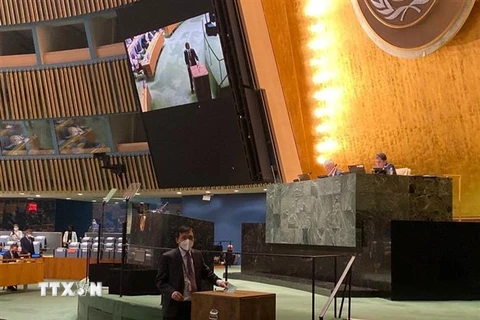  Đại sứ Đặng Đình Quý, Trưởng phái đoàn đại diện Việt Nam tại Liên hợp quốc thực hiện việc bỏ phiếu kín bầu các thành viên ECOSOC và Chủ tịch Đại hội đồng khóa 76. (Ảnh: Hữu Thanh/TTXVN)