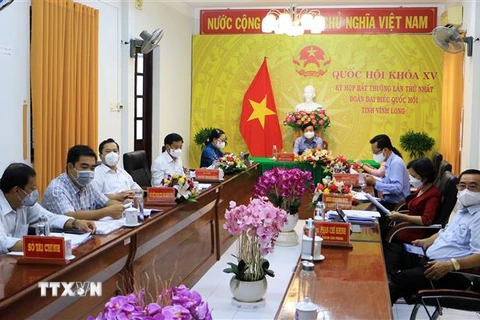 Đoàn đại biểu Quốc hội tỉnh Vĩnh Long dự phiên thảo luận trực tuyến. (Ảnh: Phạm Minh Tuấn/TTXVN)