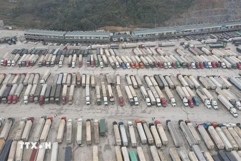 Xe chở hàng chờ xuất khẩu tại cửa khẩu Tân Thanh (Lạng Sơn). (Ảnh: TTXVN phát)