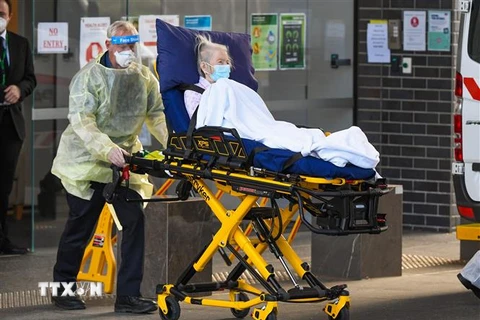 Nhân viên y tế chuyển bệnh nhân COVID-19 vào bệnh viện tại thành phố Melbourne, Australia ngày 30/7/2020. (Ảnh: AFP/TTXVN)
