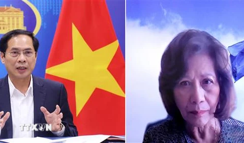 Bộ trưởng Ngoại giao Bùi Thanh Sơn hội đàm trực tuyến với Đặc phái viên của Tổng Thư ký Liên hợp quốc về vấn đề Myanmar Noeleen Hayzer. (Ảnh: Lâm Khánh/TTXVN)