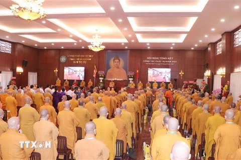 Quang cảnh Hội nghị tổng kết công tác Phật sự năm 2021 của Giáo hội Phật giáo Việt Nam Thành phố Hồ Chí Minh. (Ảnh: Xuân Khu/TTXVN)