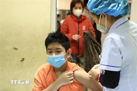 Tiêm vaccine cho trẻ em từ 12 tuổi trở lên trong sáng 30/1 tại trường tiểu học Lý Nam Đế, Hà Nội. (Ảnh: Hoàng Hiếu/TTXVN)
