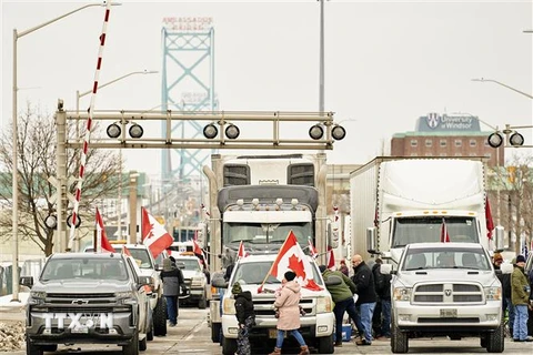 Lái xe tải chặn đường trên cầu Ambassador ở Windsor, Ontario, Canada, ngày 8/2, yêu cầu chính phủ nới lỏng các biện pháp kiểm soát đại dịch COVID-19. (Ảnh: AFP/TTXVN)