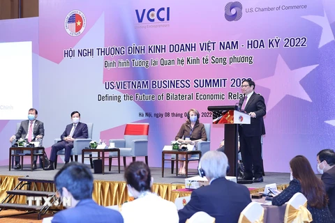 Thủ tướng Phạm Minh Chính đến dự Hội nghị Thượng đỉnh Kinh doanh Việt Nam-Hoa Kỳ. (Ảnh: Dương Giang/TTXVN)
