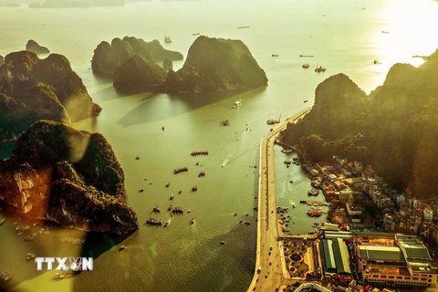 Từ độ cao khoảng 300m khi bay ngắm cảnh vịnh Hạ Long bằng thủy phi cơ, du khách có thể chiêm ngưỡng khung cảnh đẹp như tranh của kỳ quan thiên nhiên thế giới Vịnh Hạ Long. (Ảnh: Phạm Hậu/TTXVN)