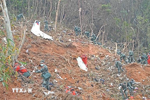 Lực lượng cứu hộ tìm kiếm hộp đen máy bay gặp nạn của Hãng hàng không China Eastern Airlines ở thành phố Ngô Châu, tỉnh Quảng Tây, Trung Quốc ngày 22/3. (Ảnh: THX/TTXVN)