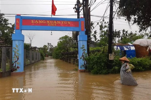 Nhiều tuyến giao thông tại huyện Quảng Điền ngập sâu, giao thông bị chia cắt. (Ảnh: TTXVN phát)