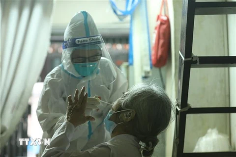Nhân viên y tế lấy mẫu xét nghiệm cho người dân phường Cửa Đông, quận Hoàn Kiếm, Hà Nội (Ảnh tư liệu). (Ảnh: Minh Quyết/TTXVN)