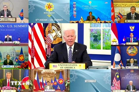 Tổng thống Mỹ Joe Biden (giữa) dự Hội nghị cấp cao ASEAN-Mỹ lần thứ 9 theo hình thức trực tuyến, ngày 26/10/2021. (Ảnh: AFP/TTXVN)