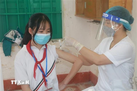 Tiêm vaccine phòng COVID-19 cho trẻ 11 đến dưới 12 tuổi tại Trường Trung học cơ sở Yên Định, huyện Hải Hậu, tỉnh Nam Định. (Ảnh: Văn Đạt/TTXVN)
