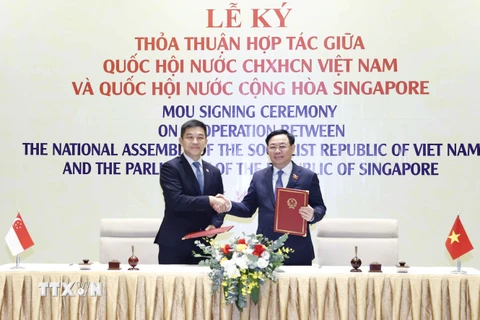 Chủ tịch Quốc hội Vương Đình Huệ và Chủ tịch Quốc hội Cộng hòa Singapore Tan Chuan-Jin ký Thỏa thuận hợp tác giữa Quốc hội hai nước. (Ảnh: Doãn Tấn/TTXVN)