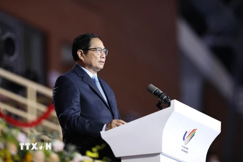 Thủ tướng Phạm Minh Chính phát biểu tại lễ bế mạc Đại hội thể thao Đông Nam Á lần thứ 31. (Ảnh: TTXVN)