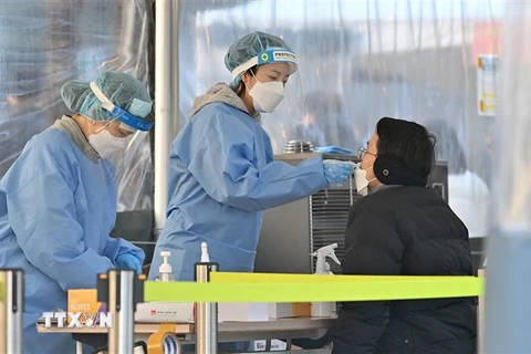 Nhân viên y tế lấy mẫu xét nghiệm COVID-19 cho người dân ở Seoul, Hàn Quốc. (Ảnh: AFP/TTXVN)