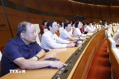 Đại biểu Quốc hội biểu quyết thông qua Nghị quyết về việc thành lập Đoàn giám sát chuyên đề của Quốc hội năm 2023. (Ảnh: Doãn Tấn/TTXVN)