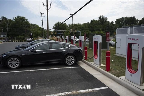 Xe điện của Tesla tại một trạm sạc điện ở Arlington, bang Virginia (Mỹ). (Ảnh: AFP/TTXVN)