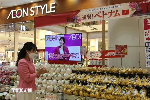 Một khách hàng người Nhật Bản chọn mua dừa Việt Nam ở siêu thị AEON. (Ảnh: Đào Thanh Tùng/TTXVN)