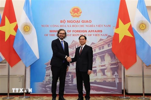 Bộ trưởng Ngoại giao Bùi Thanh Sơn với Bộ trưởng Ngoại giao, Ngoại thương và Tôn giáo Argentina Santiago Andres Cafiero. (Ảnh: Lâm Khánh/TTXVN)