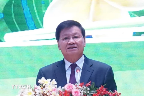 Tổng Bí thư, Chủ tịch nước Lào Thongloun Sisoulith phát biểu tại lễ kỷ niệm. (Ảnh: Bá Thành /TTXVN)