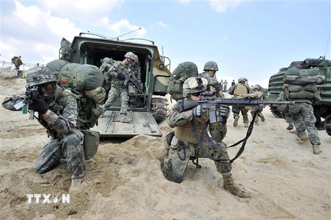 Lính thủy đánh bộ Mỹ và Hàn Quốc tham gia tập trận chung tại Pohang, cách thủ đô Seoul (Hàn Quốc) 270km về phía Đông Nam. (Ảnh: AFP/TTXVN)