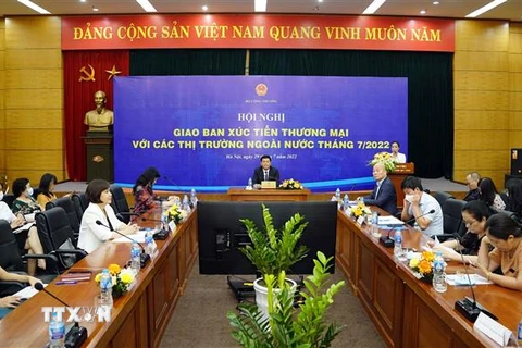 Quang cảnh hội nghị tại điểm cầu Hà Nội. (Ảnh: Trần Việt/TTXVN)