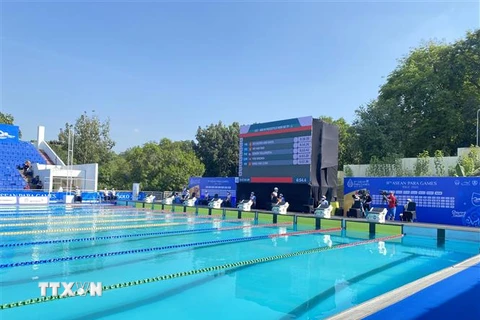 Các vận động viên thi đấu ở nội dung bơi 400m tự do nam hạng thương tật S8. (Ảnh: Chiến Phong/TTXVN)