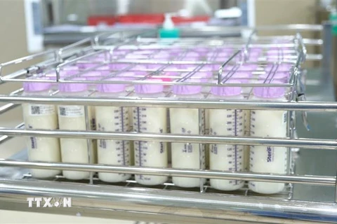 Những chai sữa đầu tiên được hiến tặng cho ngân hàng sữa mẹ Bệnh viện Hùng Vương. (Ảnh: Đinh Hằng/TTXVN)