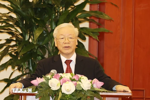 Tổng Bí thư Nguyễn Phú Trọng phát biểu tại buổi gặp mặt. (Ảnh: Trí Dũng/TTXVN)